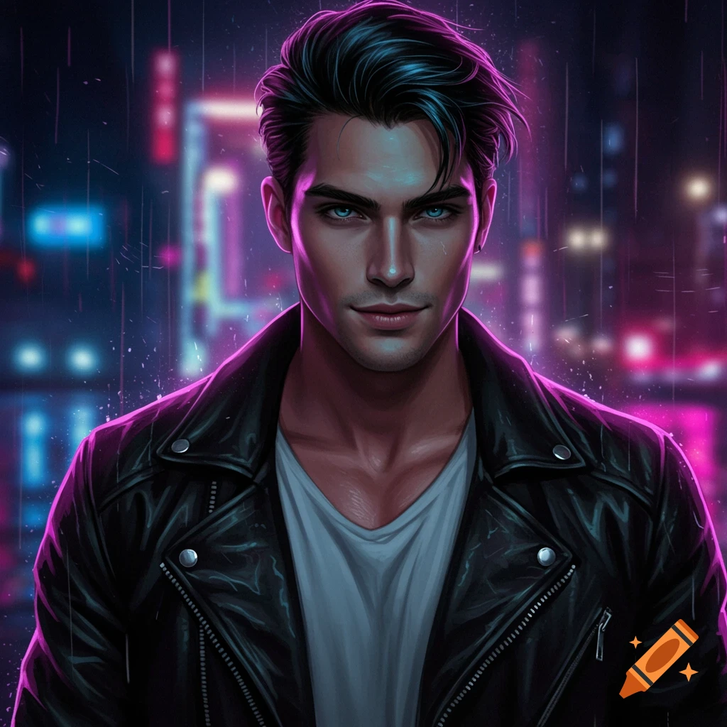 A man in a leather jacket stands against a vibrant cityscape background filled with neon lights.