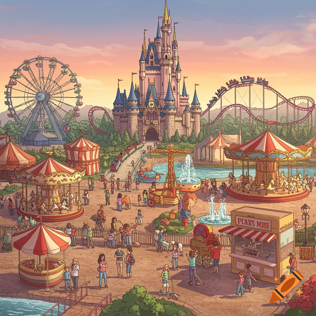 Cartoony illustration of a bustling amusement park at sunset, featuring a castle, Ferris wheel, rollercoaster, and carousel.