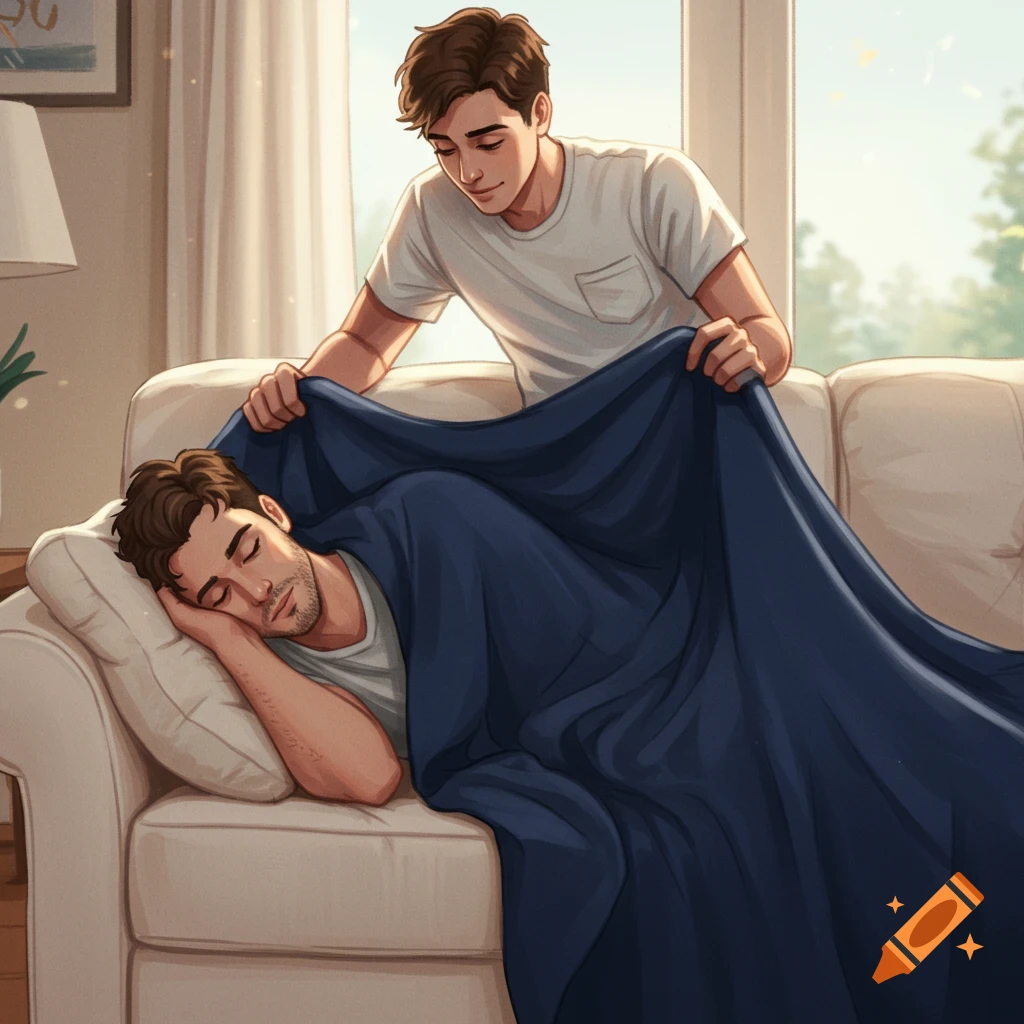 Illustration of one man sleeping on a couch while another covers him with a blanket