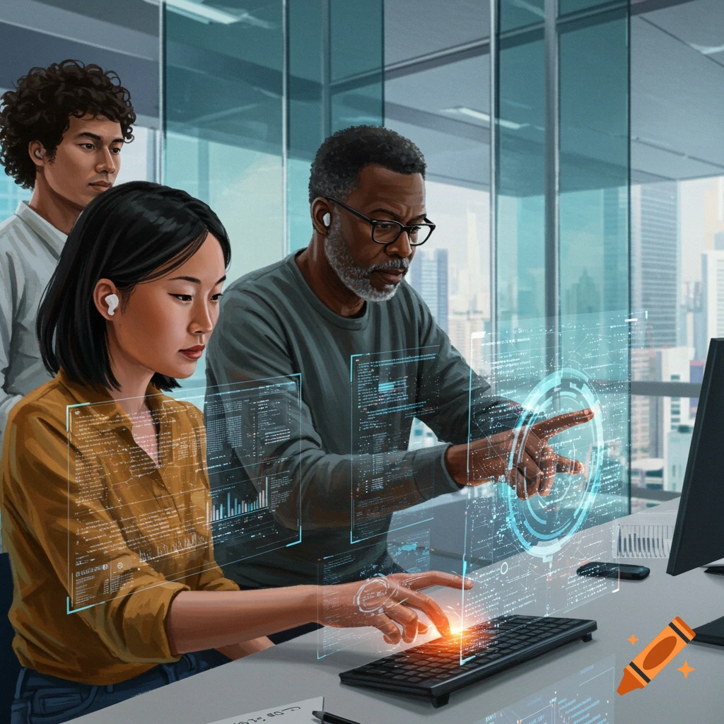 Three people collaborating on technology with holographic screens in an office.