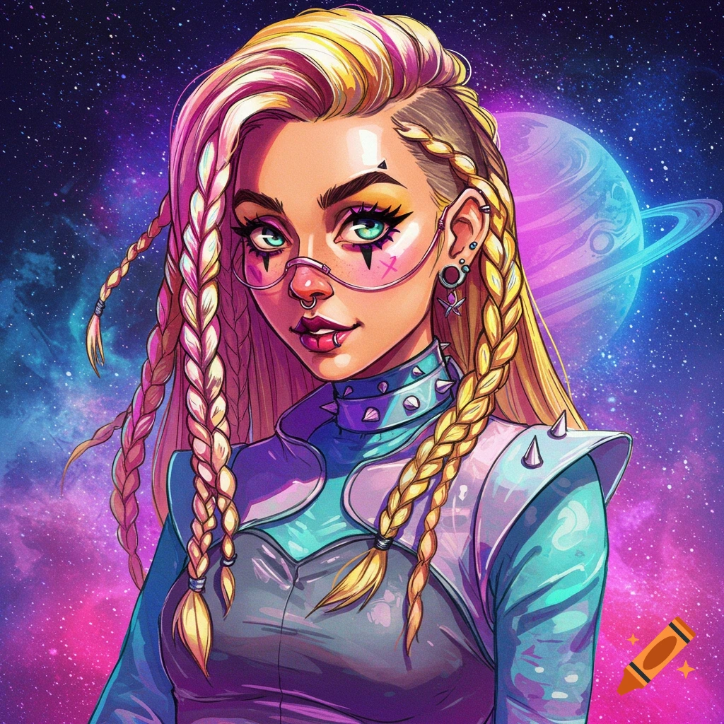 A woman with colorful braids and spiked clothing stands in a space background.