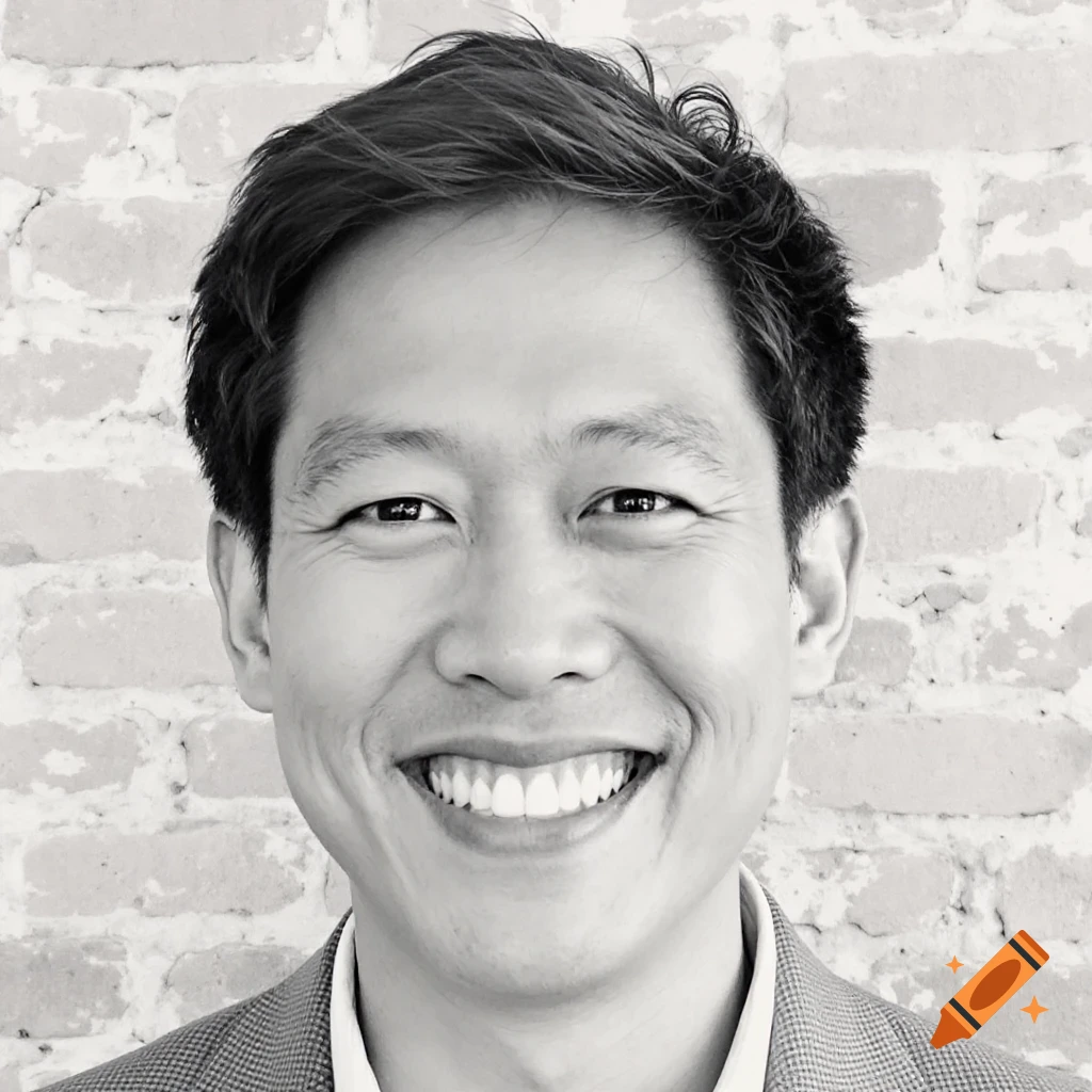 Black and white close-up portrait of a smiling man against a brick wall.