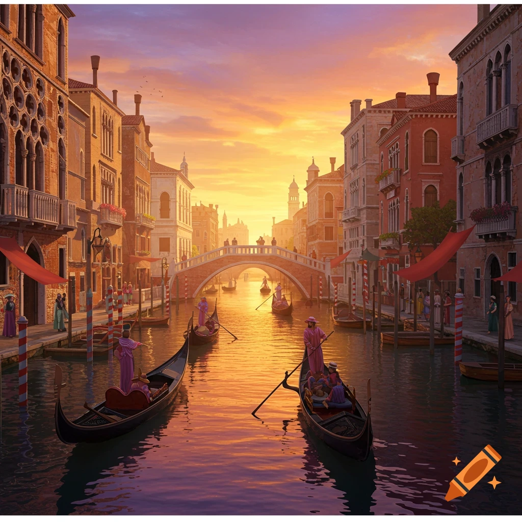Gondolas on a Venice canal at sunset