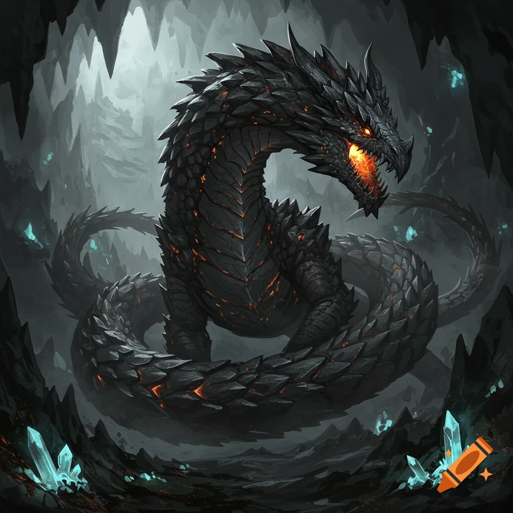 A dark scaly dragon with glowing orange eyes and chest coils its body in a shadowy cave illuminated by blue crystals.