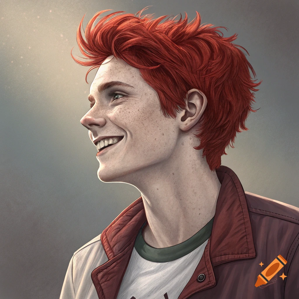 Illustration of a young man with spiky red hair and freckles, smiling
