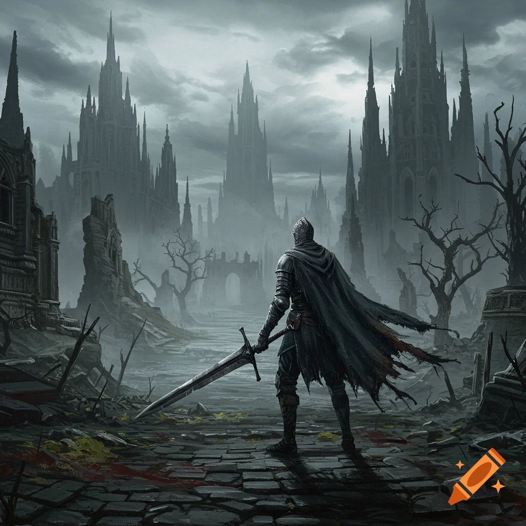 A knight in dark armor stands before ruined gothic buildings, holding a large sword.