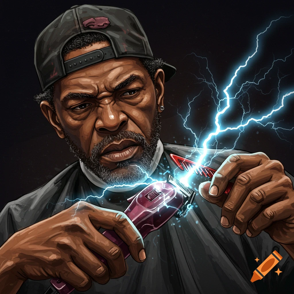 A determined barber holds clippers sparking with lightning.