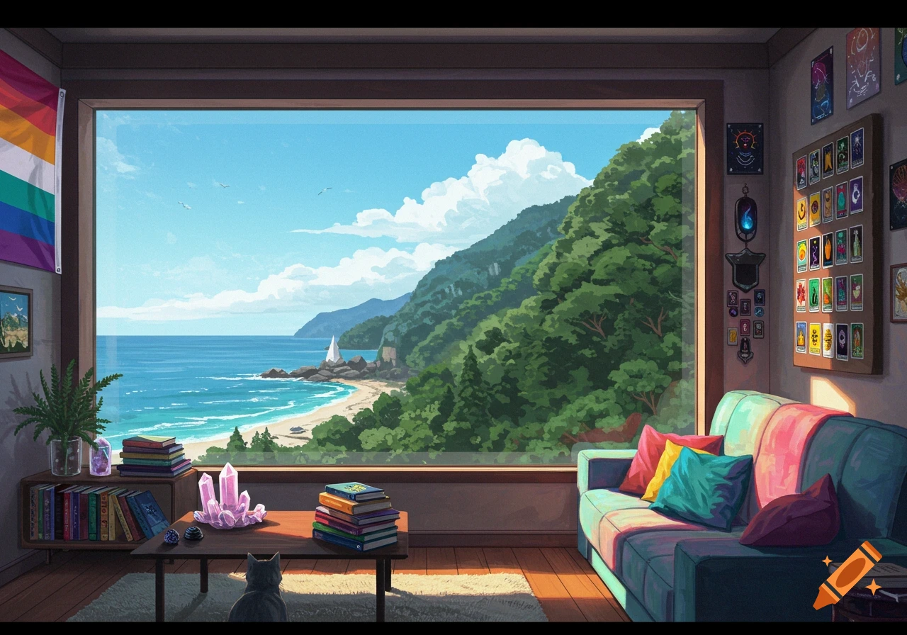 Anime style room with a large window offering an ocean and forest view, featuring a sofa, books, crystals, a cat, and a pride flag.
