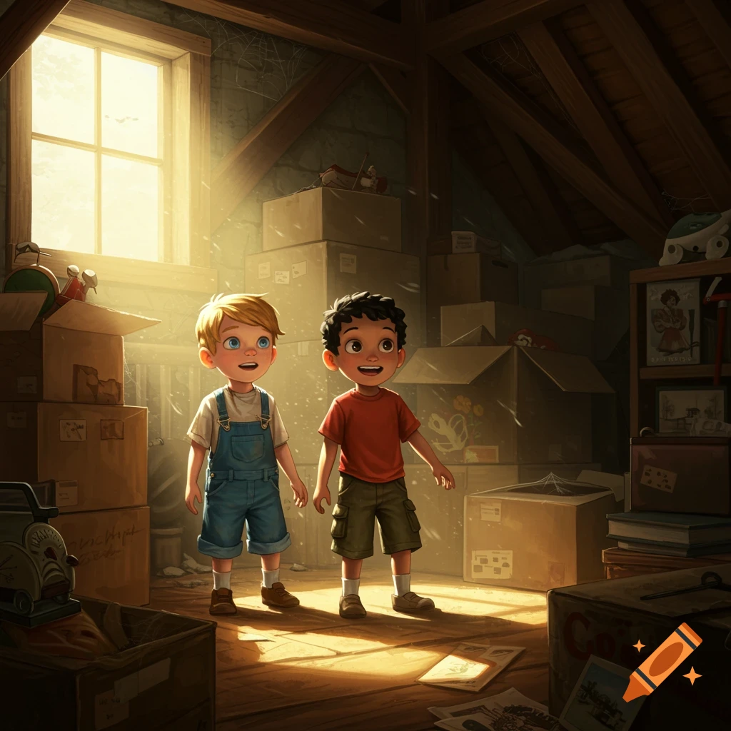 Two young boys explore a dusty attic filled with boxes and treasures.