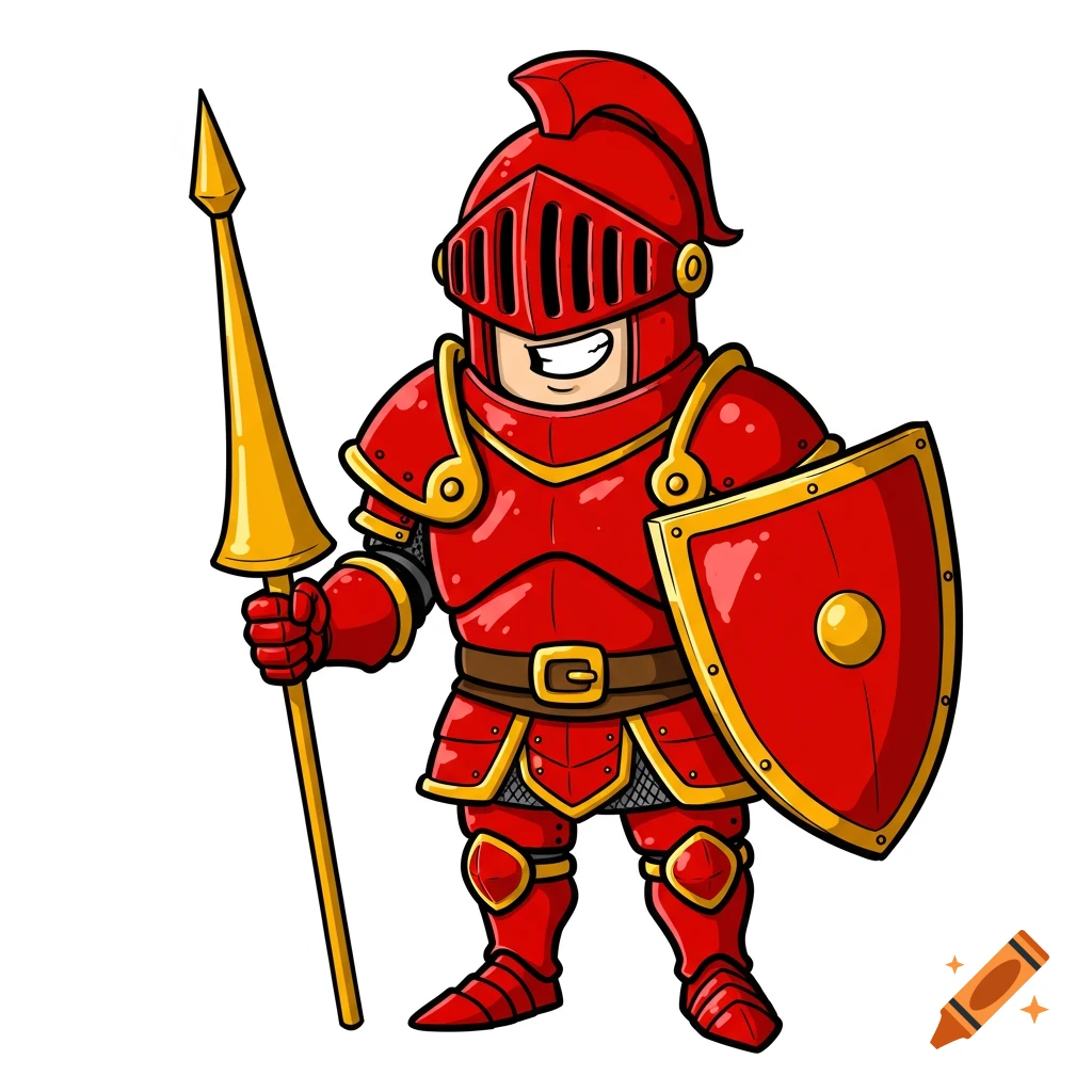 A cartoon knight in red armor holds a spear and shield. on Craiyon, image size:1024x1024