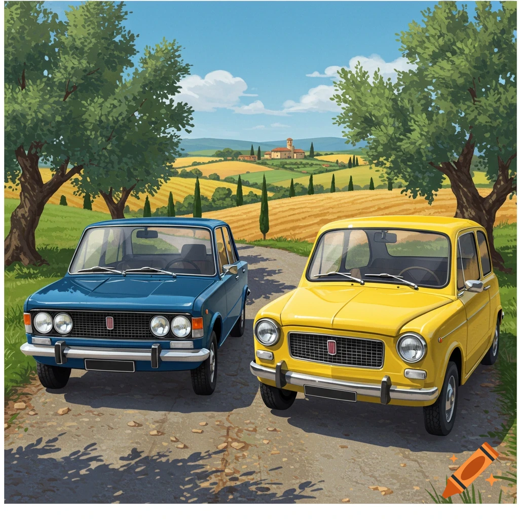 A blue Fiat 125 and yellow Fiat 600 on a dirt road in a sunny Italian countryside.