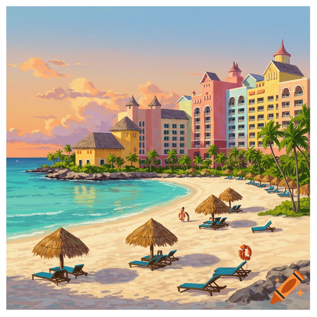 A vibrant tropical beach resort with colorful buildings at sunset.