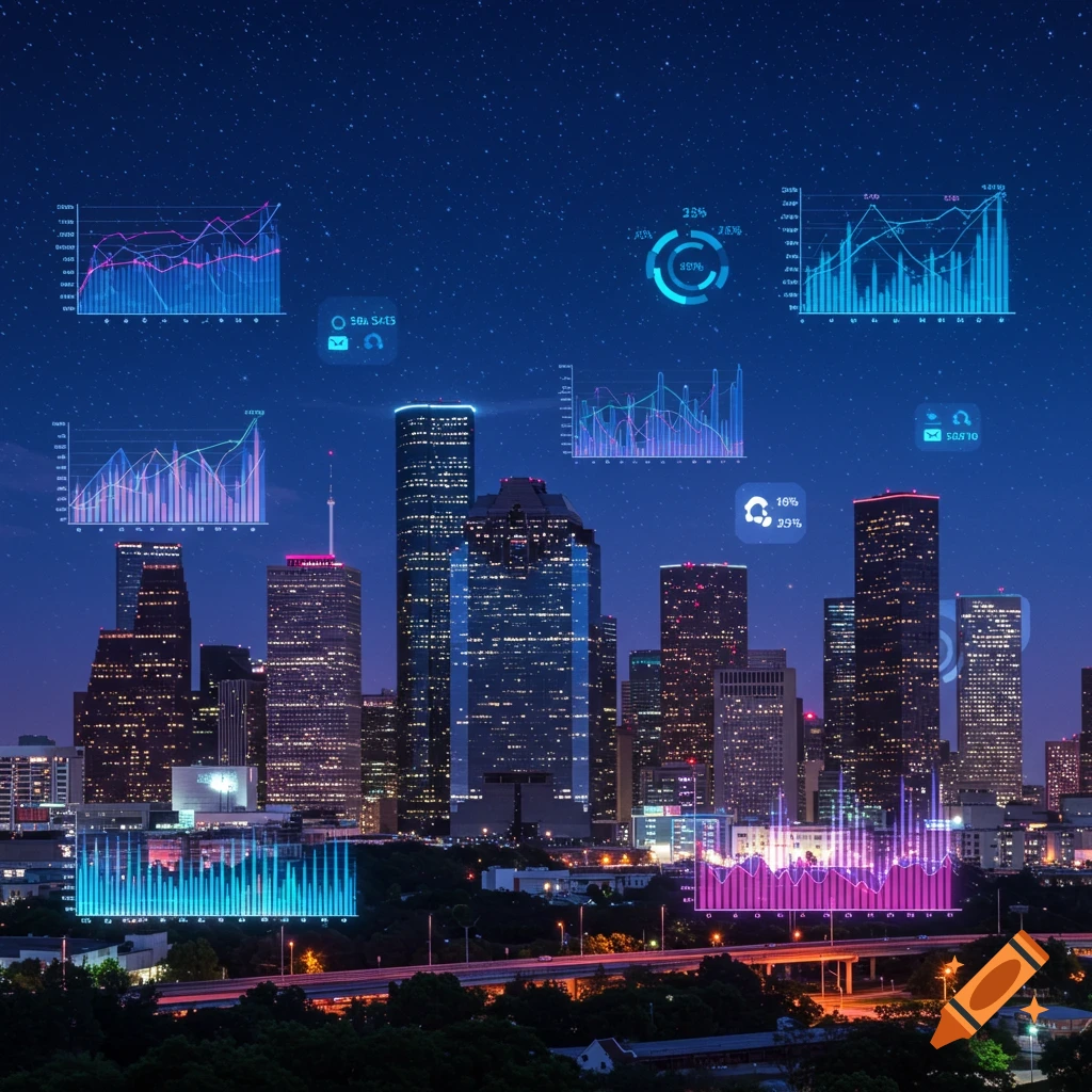 Houston skyline at night with vibrant overlaid charts and data visualizations.