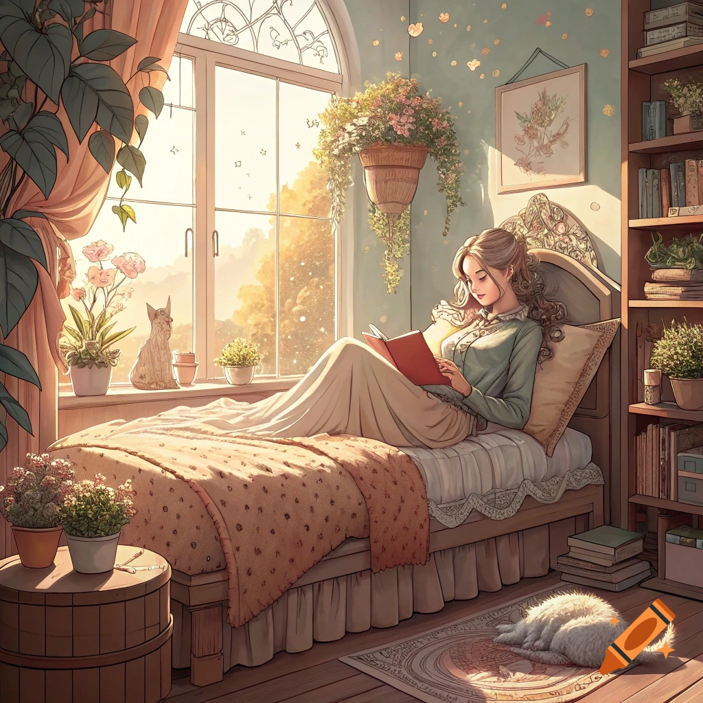 A woman reads on a bed in a cozy room with cats and plants, sunlight streaming through a window, in a Studio Ghibli style.