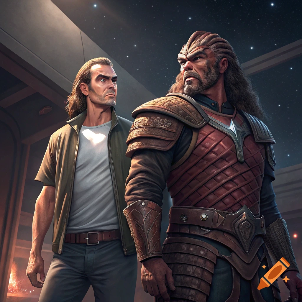 A human man stands beside a Klingon in armor, looking out at stars.