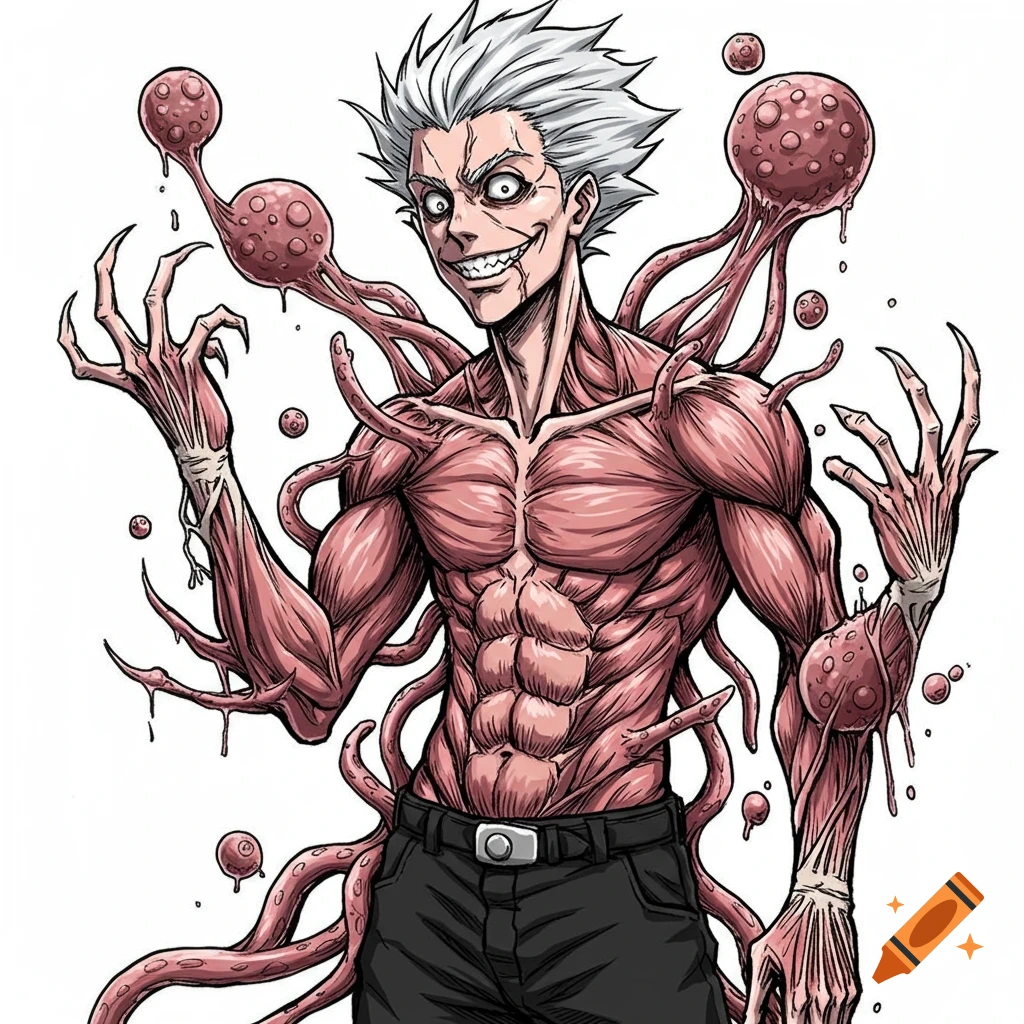 Anime character with white hair, grin, exposed muscle, and tentacles