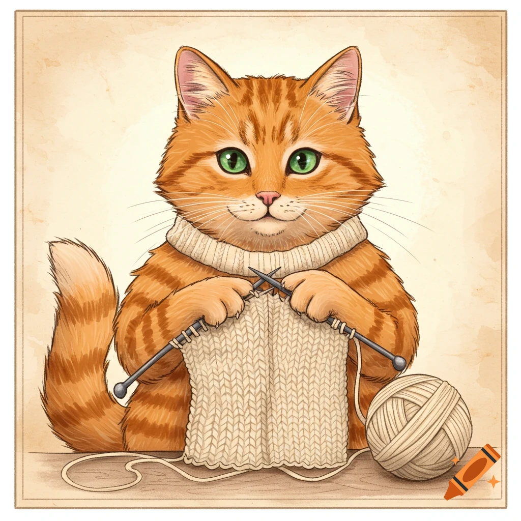 An orange tabby cat knitting a cream-colored sweater with knitting needles and yarn, in an old-fashioned illustration style.