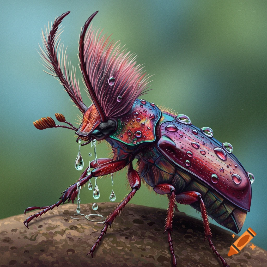 Colorful beetle with feathery antennae and water droplets dripping.