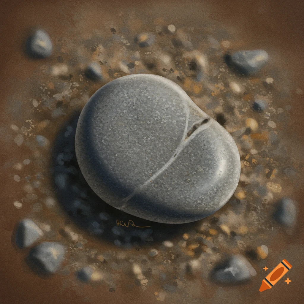 A large grey pebble sits on sandy ground.