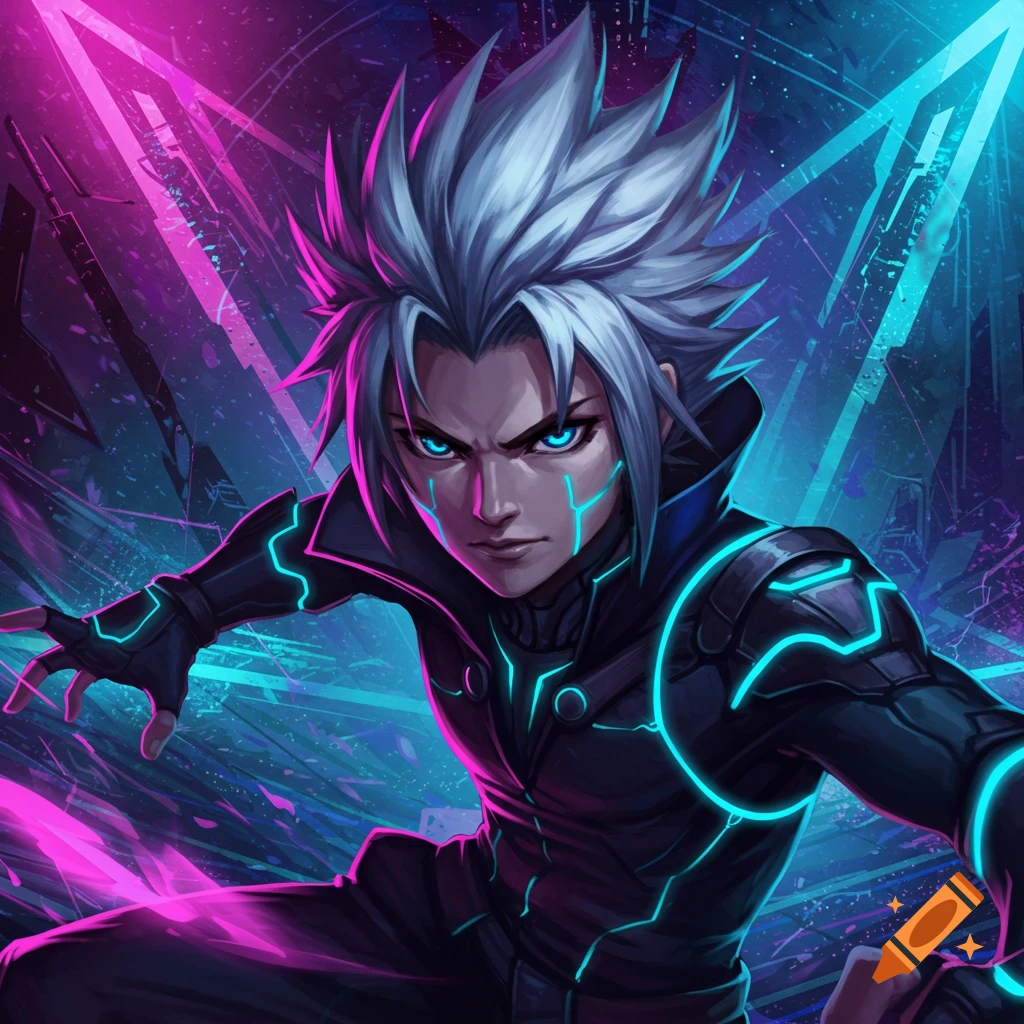 An anime character with white hair and glowing blue lines on his face and suit is depicted in a neon cyberpunk setting.