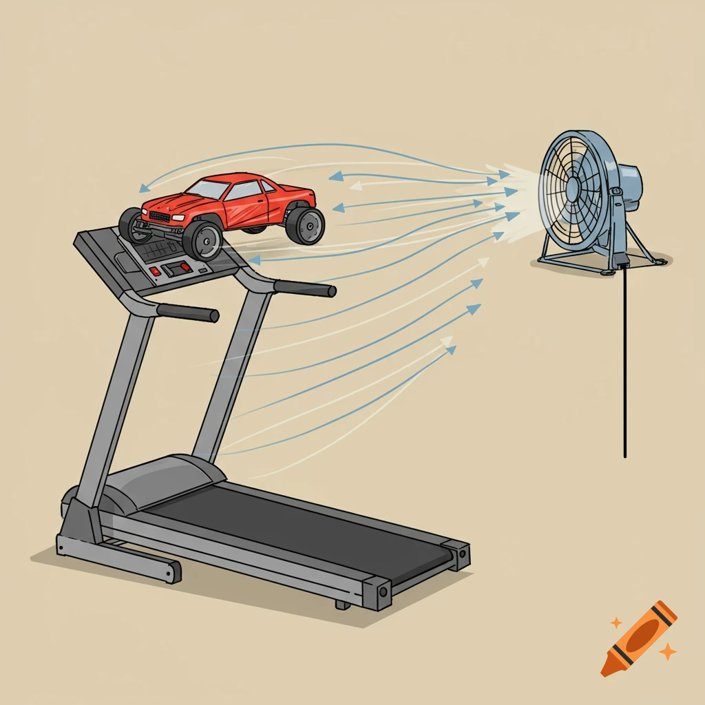 An illustration shows a red RC car on a treadmill with a fan blowing air and blue streamlines towards it.
