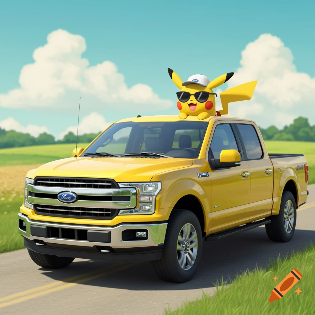 A cartoon Pikachu in sunglasses and a hat sits on a yellow Ford F-150 driving on a road through a field under a blue sky.