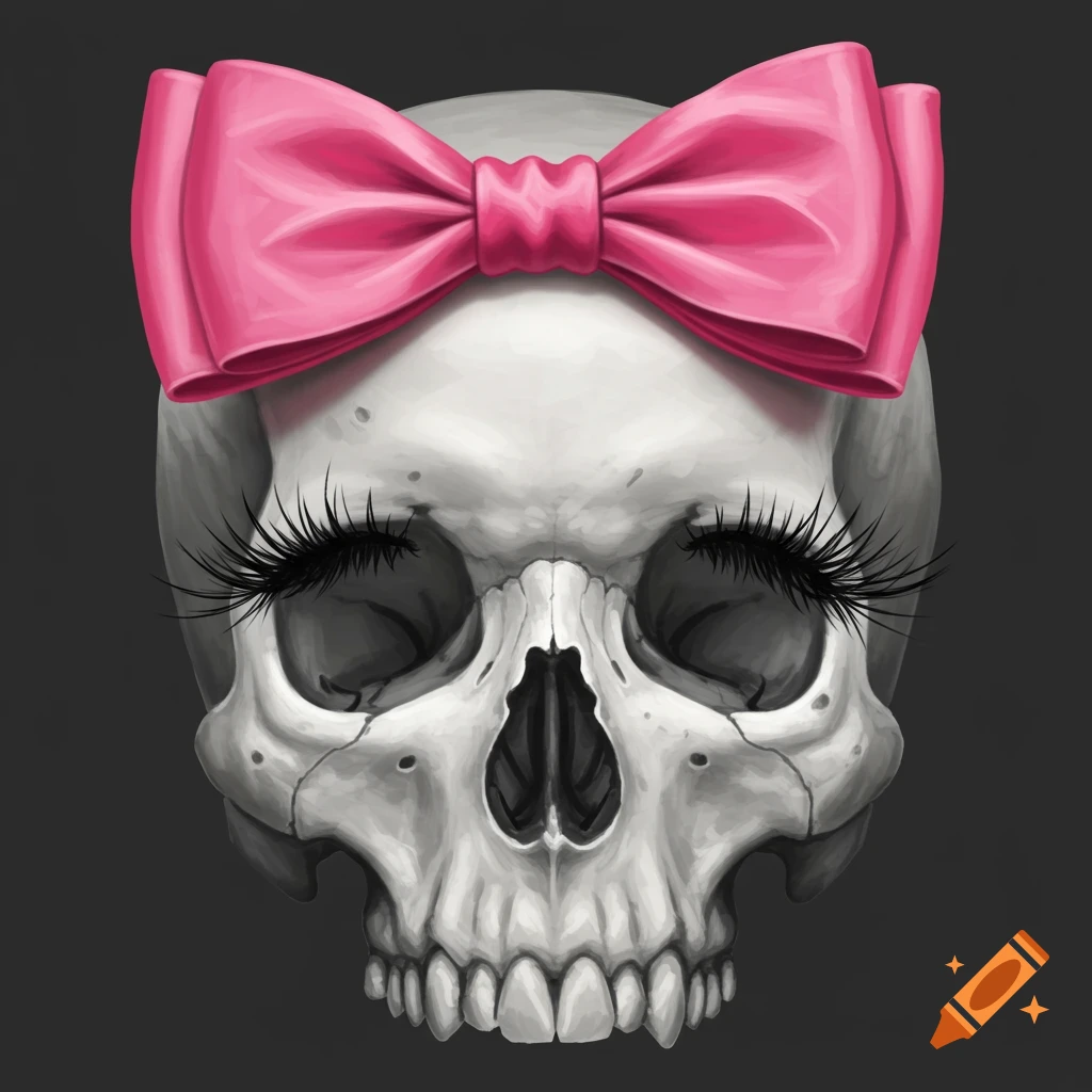 A skull with long eyelashes and a pink bow.
