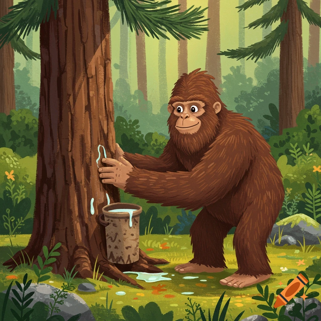 Illustration of Bigfoot collecting sap from a tree in a forest