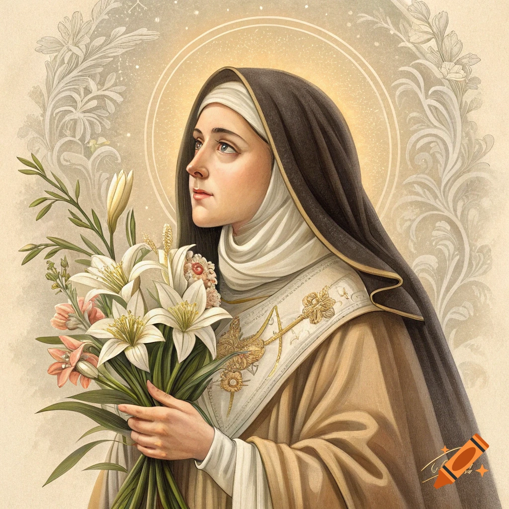 Painting of a woman in religious habit holding lilies and roses, with a halo