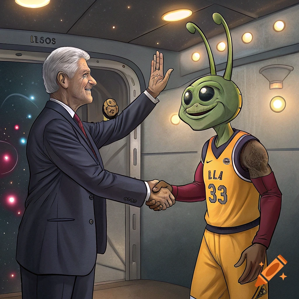 Man in suit shakes hands with alien in basketball jersey inside spaceship looking at space
