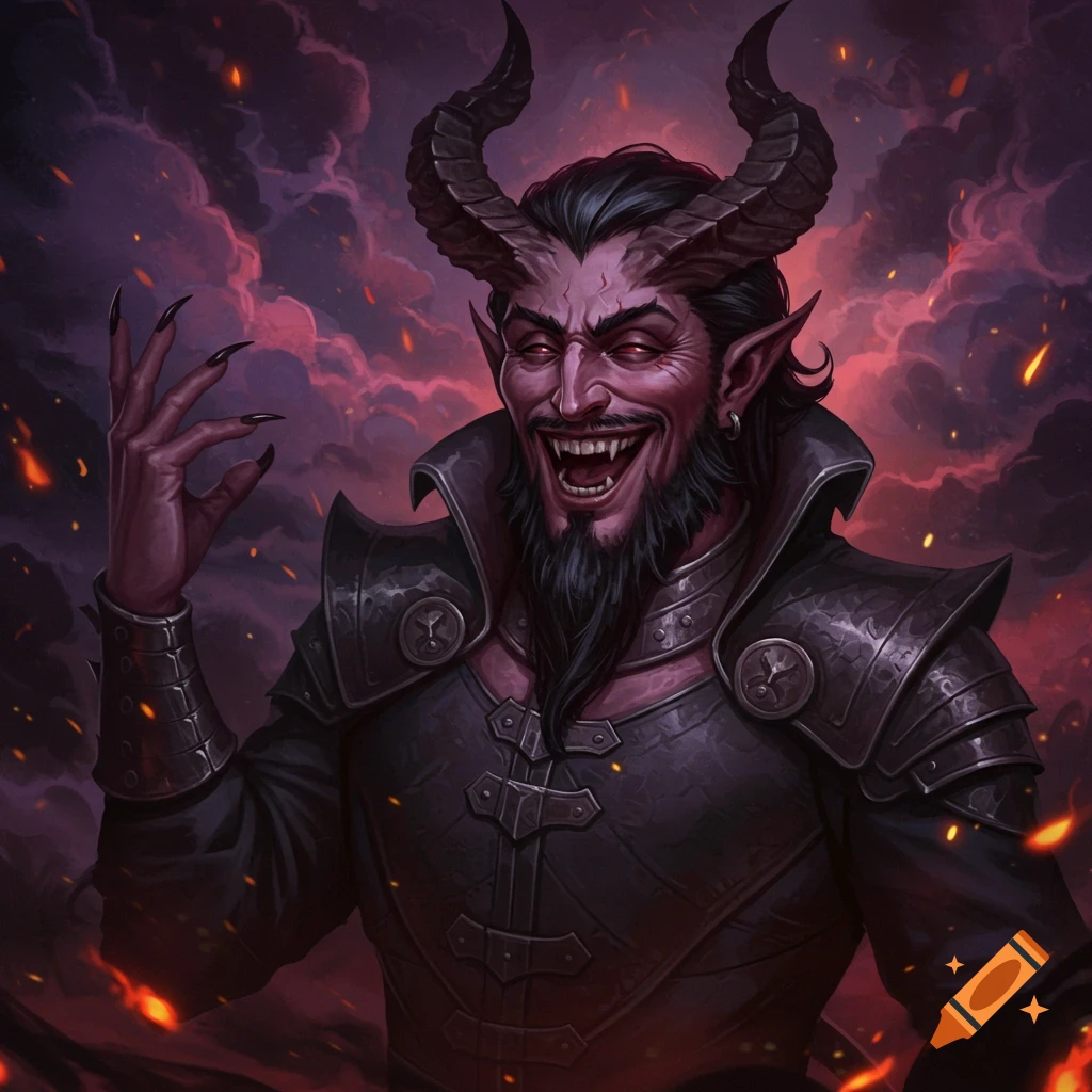 a horned demon chuckling against a fiery background