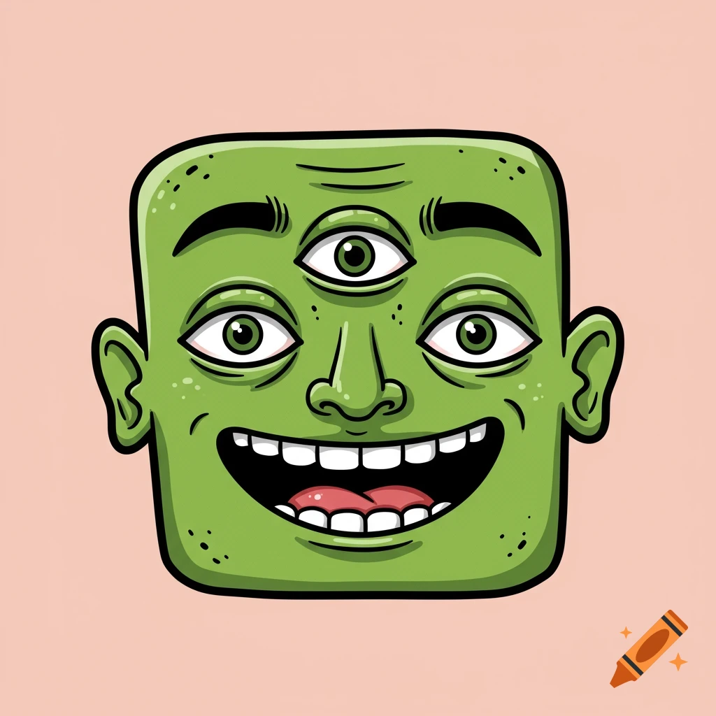 A cartoon green face with a square head, three eyes, and a wide smile.