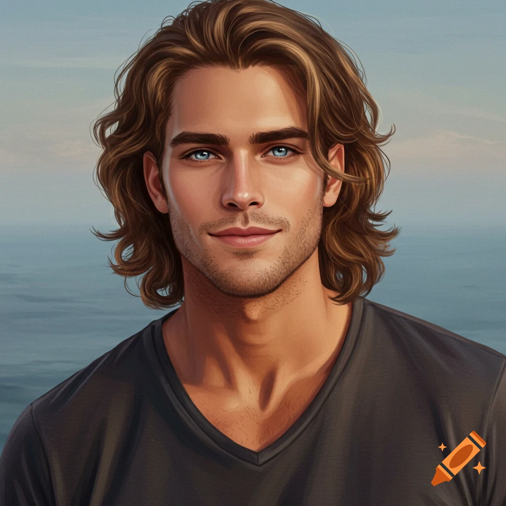 A handsome man with long wavy brown hair is shown against an ocean background.