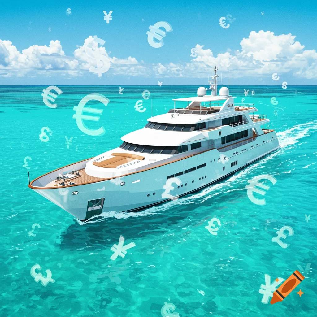 A yacht on turquoise water with floating currency symbols.