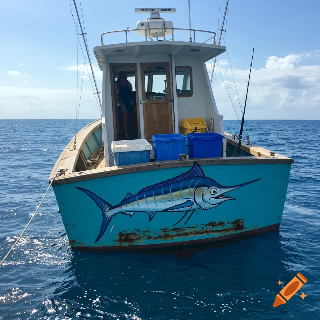 A fishing boat with a cartoon marlin painted on its side floats on the ocean.