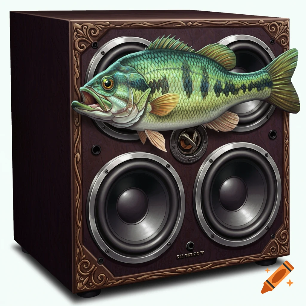 A detailed image of a bass fish integrated into a wooden speaker cabinet, replacing the subwoofers.