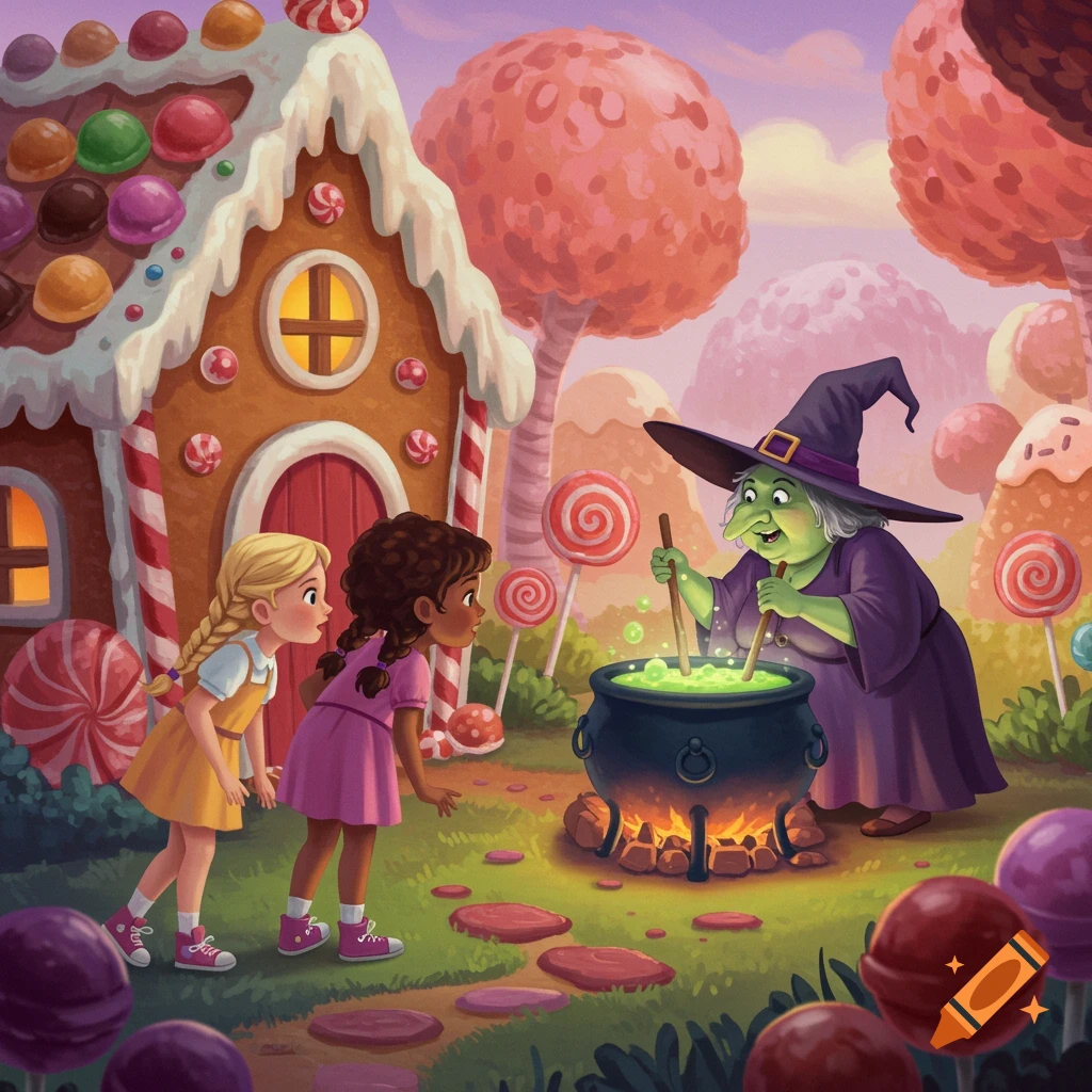 Two girls watch a witch stir a cauldron near a gingerbread house in a candy land setting.