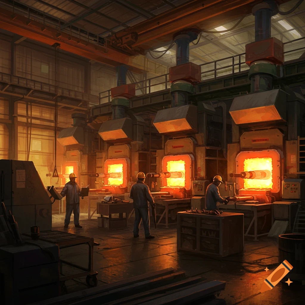 Workers operate glowing furnaces in an industrial workshop.