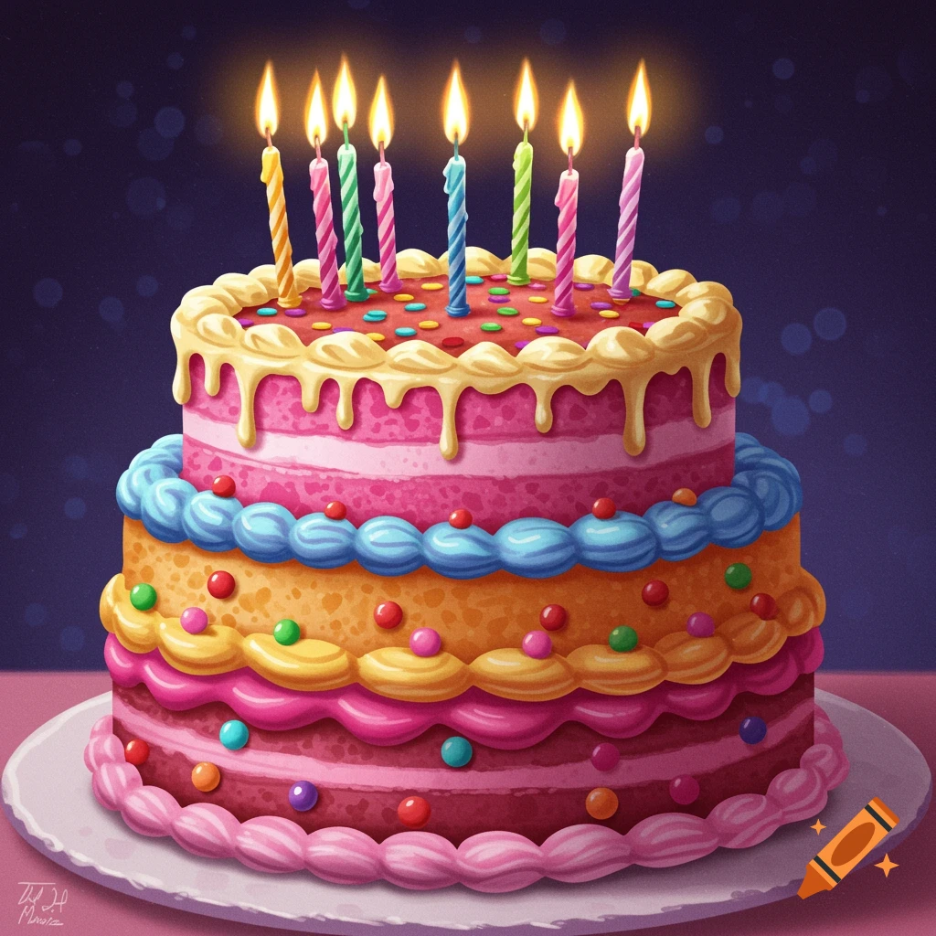 A vibrant, multi-layered birthday cake with colorful frosting, sprinkles, and lit candles.