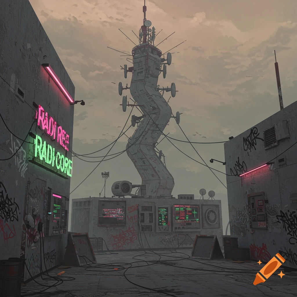 A large, winding communication tower overlooks dystopian concrete buildings with neon signs and graffiti.
