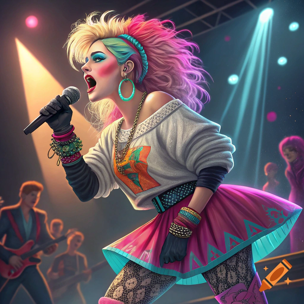 A pop singer in 1980s fashion performs on stage with a band and spotlight.