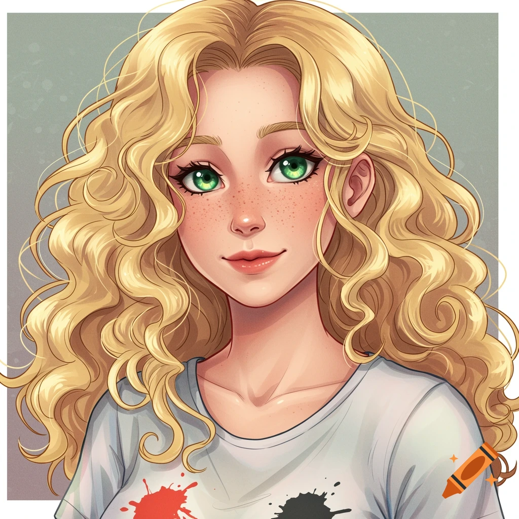 Anime portrait of a woman with blonde curly hair, green eyes, freckles, and ink-stained t-shirt