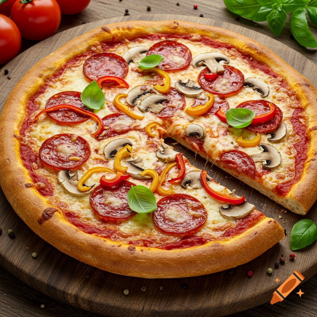 Photorealistic close-up of a pepperoni, mushroom, and pepper pizza on a wooden cutting board with basil leaves and tomatoes.
