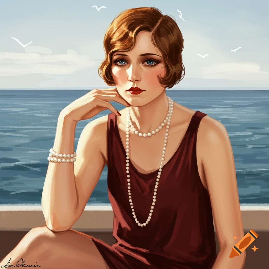 A woman in 1920s flapper style with pearls by the sea.