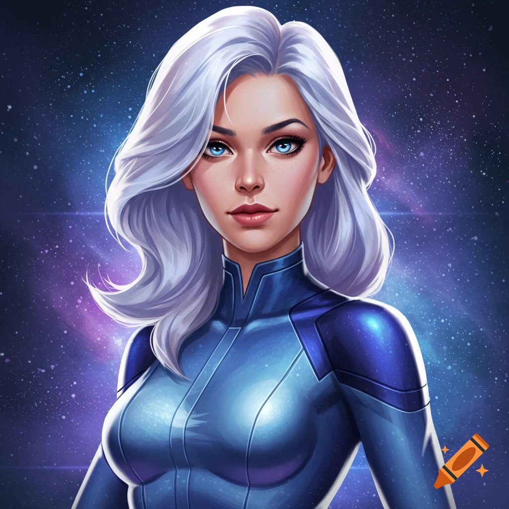 A woman with white hair in a blue sci-fi suit against a starry space background.