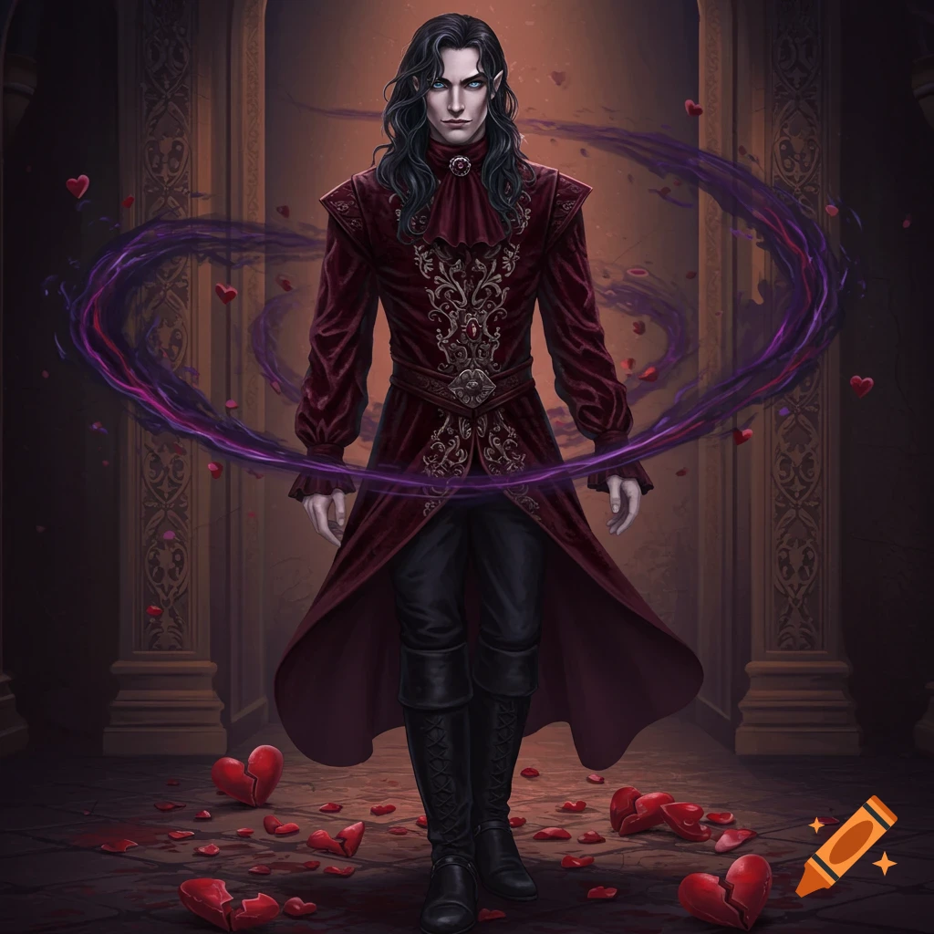 Dark fantasy portrait of a man in a red coat with broken hearts and purple energy