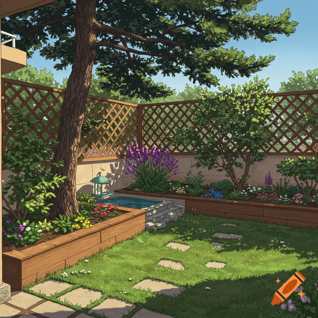 Illustrated garden with a pine tree, pond, raised flower beds, lattice fence, and stepping stones.
