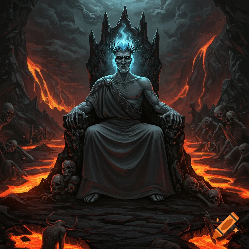 Hades is seated on a skull throne in the underworld, surrounded by lava and skeletons.