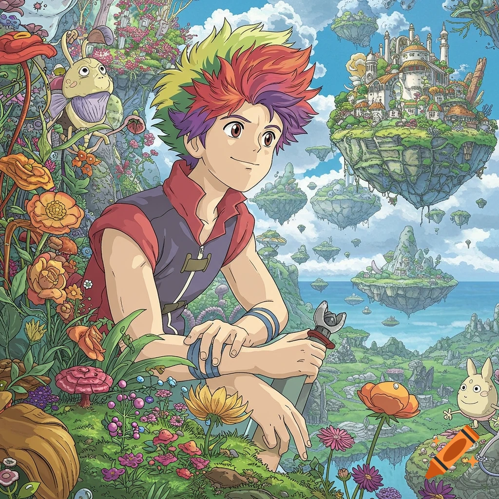 Anime character with rainbow hair in a vibrant fantasy landscape with floating islands.