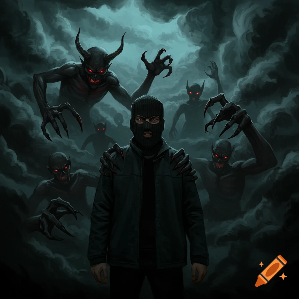 A person in a ski mask is surrounded by shadowy demons with red eyes and claws in dark clouds.